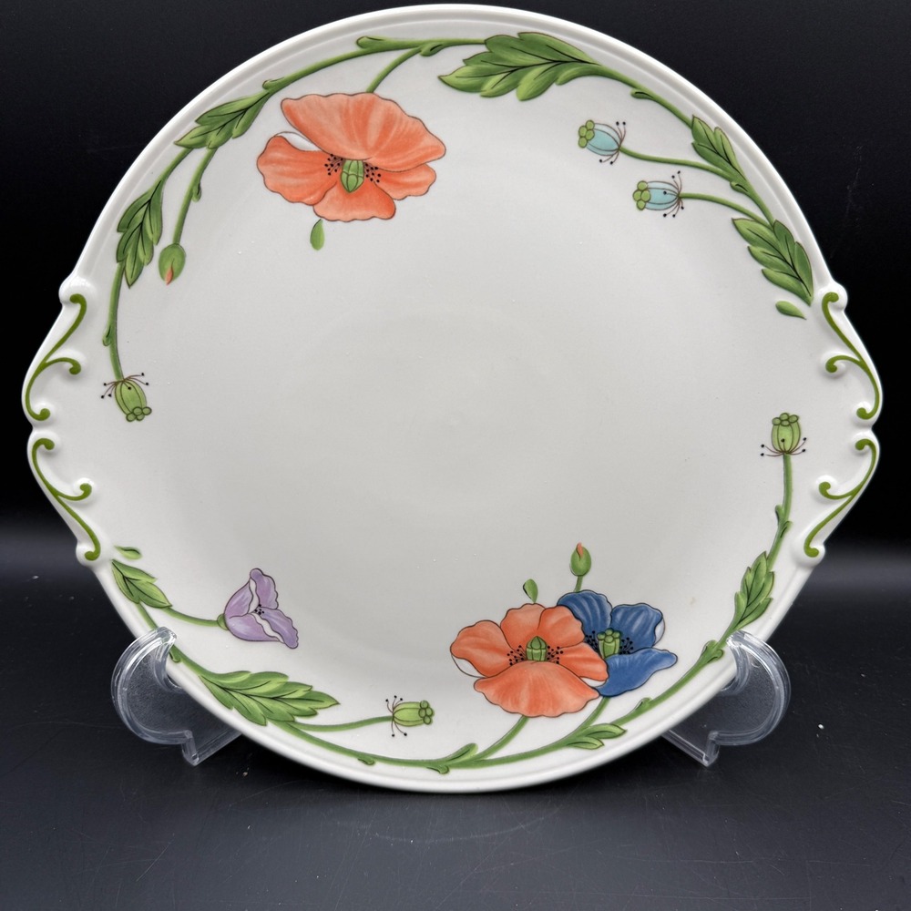 Villeroy & Boch AMAPOLA Poppies Cake Plate 12" Handle Tray Vtg Floral Cottage